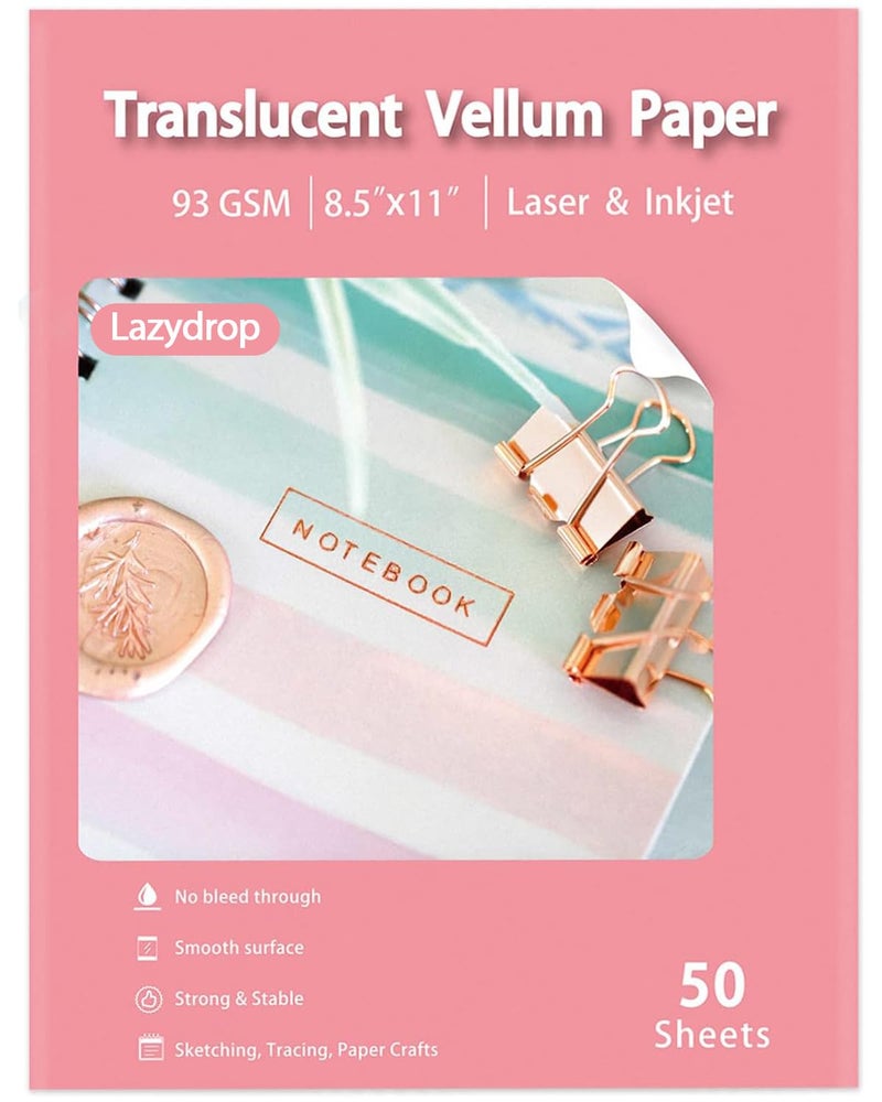 Lazydrop Translucent Vellum Paper 8.5x11 Inches, 50 Sheets Printable Transparent 93GSM/63LBS Vellum Paper for Printing Sketching Tracing Drawing - Image 1